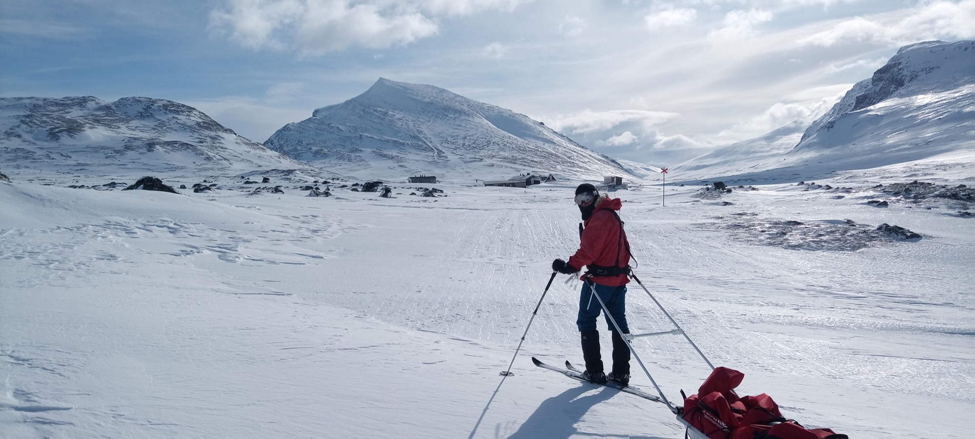 Ski with pulk in the mountains